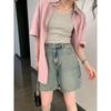 Roupas Femininas de Verão 2024 Nova Calça Jeans Reta Azul Claro Slim de Cintura Alta Shorts Linha A Estilo Hong Kong Retrô