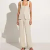 Traje de Algodón y Lino Transfronterizo Más Vendido para Mujer Estilo Commuter Chaleco sin Mangas de Encaje con Cuello Cuadrado Pantalones de Pierna Ancha de Cintura Alta Conjunto de Dos Piezas