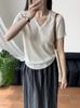 Taogawa Coreano Cuello en V Botón Chic Manga Corta para Mujer Top de Punto Adelgazante con Cintura Plisada YL318-1