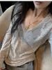 Suéter de Lana Tejido Básico Gris con Cuello en V y Mangas Largas para Mujer, Estilo Coreano, Temporada de Primavera, Top Básico Elegante y Adelgazante