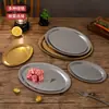Plato Retro con Forma de Huevo de Acero Inoxidable Vajilla Estilo Japonés Bandeja de Cafetería Plancha Plana para Barbacoa Plato Hondo Plato Plano con Fondo Plano Plato Ovalado Vintage