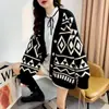 Cardigan Tricot Rombos Geométricos Estiloso para Mulheres, Outerwear Espessado de Primavera Preguiçoso Solto, Casaco Suéter de Comprimento Médio, Preto