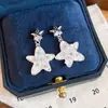 Brincos de Agulha Prata com Estrelas de Madrepérola Incrustadas de Diamante, Fofos e Delicados, Brincos Estilo Doce, Luxo Leve, Moda de Alta Qualidade, Brincos Versáteis