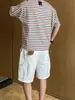 Camiseta de Manga Corta con Bloques de Color y Rayas Arcoíris Estilo Coreano para Hombres y Mujeres, Corte Relajado, Cuello Redondo, Hombro Normal, Manga Media, Camiseta Casual de Verano