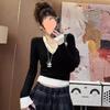 [Original] Suéter de mujer de dos piezas falsas con costuras de color contrastante 2025 nuevo de manga larga ajustado con cuello en V camisa básica top