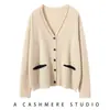 Cárdigan elegante de cachemira tejida para mujer estilo coreano de color contrastante con cuello en V y diseño de bolsillo, elegante, holgado, adelgazante, para ir al trabajo