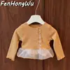 FHW Conjunto de Camiseta Naranja Súper Lindo con Adorno de Encaje para Niñas Otoño Pantalones de Lunares Nuevos para Niños Bebé Modernos