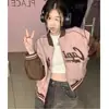 Moda Casual Nova Outono e Inverno 2024 Bordado de Letras Costura Uniforme de Baseball Jaqueta Solta com Gola Alta Moda Feminina