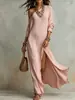 Vestido de punto plisado con abertura de manga larga elegante e independiente transfronterizo europeo y americano de verano 2026