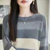 Suéter de Punto a Rayas con Bloques de Color Estilo Coreano para Mujer, Cuello Redondo Holgado Adelgazante de Moda, Capa Base para Suéter de Otoño/Invierno