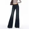 Foto real calça jeans feminina boca de sino 2026 outono novo estilo emagrecedora justa cintura alta super bonita calça flare petite