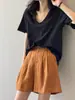 Camiseta de manga corta con cuello en V, dobladillo enrollado suelto estilo coreano Beishan Tongshu, top básico liso de verano 82293
