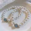 Pulsera de Aguamarina y Perla Blanca Australiana Shijia, Elegante Estilo de Celebridad de Internet, Moda Retro Francesa, Pulsera Elástica Ajustable