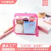 Bolsa de cosméticos de PVC transparente rosa, bolsa de aseo portátil para viaje, bolsa tridimensional con cremallera, logotipo personalizado disponible del fabricante