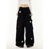 Jeans Retro Americano Multibolsillos Pantalones de Trabajo Rectos Unisex Modernos Sueltos Bordado Floral Pantalones Paracaídas
