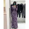 Vestido Largo de Malla Jacquard Morado Sexy de Manga Larga para Mujer en Primavera, Ajustado, que Afina la Cintura, que Moldea las Caderas, Falda Larga de Forma H