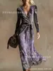Vestido Transfronteiriço Novo Estilo com Decote em V e Mangas Longas com Elementos de Impressão Digital 3D, Saia Fashion e Personalizada para Marcar a Cintura para Mulheres
