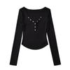 Pure Desire Estilo Com Decote Em V Manga Comprida Base Camisa Feminina Outono Novo Slim-fit Emagrecimento Sexy Spice Girl Curvo Hem T-shirt Top