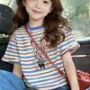 Camiseta de Verano para Niña de Algodón a Rayas de Manga Corta 2026 Nueva Elegante Infantil Cuello Redondo Versátil Camiseta Básica de Media Manga