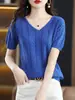 Camiseta de Algodón Puro con Cuello en V, Calada, Manga Corta para Mujer, Diseño Versátil Primavera/Verano, Tejido Calado Simple y Elegante al por Mayor