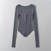 Ropa de mujer sexy europea y americana, estilo europeo y americano, cuello en U, tapeta, botonadura sencilla, elástica, entallada, de punto puntiagudo, camiseta de manga larga