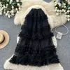 Falda de malla tipo pastel de cintura alta estilo coreano para mujer, con bordes rizados, falda midi de línea A, falda larga adelgazante y voluminosa, nuevo modelo de verano 2026