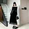 Falda Midi de Terciopelo Negro Otoño 2026 para Mujer con Adorno de Encaje Cintura Alta Adelgazante Larga Casual Transfronteriza Media Falda