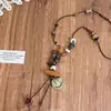 Colar com Pingente de Flor de Vidro em Casca de Coco com Contas de Madeira Estilo Étnico Retrô Corrente para Suéter Colar Elegante da Moda para Mulheres