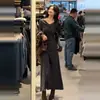 Vestido largo de manga larga con cuello en V gris estilo francés para mujer, adecuado para usar en capas, ajustado línea A largo, venta al por mayor transfronteriza