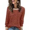 Camiseta tejida de Amazon transfronteriza europea y americana para mujer, nuevo top de manga larga casual holgado con bloques de color para otoño e invierno 2026