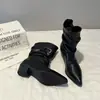 Botas vaqueras retro de mezclilla para mujer, fruncidas, apiladas, nuevas, para aumentar la altura interior, mujer 2026, punta fina, tacón grueso, botines cortos, hebilla de cinturón