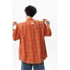 Camisa Retro Americana de Cuadros Naranja de Manga Corta para Hombres y Mujeres, Nuevo Estilo de Verano Holgada Casual Cityboy Estilo Japonés