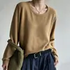 Suéter de punto de algodón para mujer, cuello redondo, borde con volantes, manga larga, corte holgado, adecuado para primavera y otoño, suave y cómodo, perfecto para el uso diario, color liso, estilo pullover, capa base