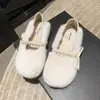 Zapatos Peludos para Mujer Invierno Exterior Más Terciopelo Lazo Algodón Perlado Zapatos Piel de Visón Slip-on Fondo Plano Loafers de Dos Usos