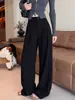 Calça de terno preta com efeito de caimento de alta qualidade para mulheres no outono, plus size, afunilada, perna reta, casual, com caimento, perna larga