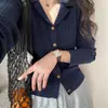 Nuevo cárdigan de punto para mujer de otoño con cuello de traje, corte holgado, talla grande, versátil, adelgazante, top de punto de manga larga