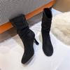 Botas Curtas Versáteis de Bico Redondo Estilo Europeu e Americano para Mulheres, Novo Modelo Outono 2026, Botas Curtas de Salto Fino, Pretas, Botas Afuniladas até Meio da Panturrilha