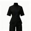Novo top estilo chinês com gola alta e mangas curtas para mulheres com botões, acinturado, carcela diagonal, camisa cheongsam modificada, vestimenta tradicional chinesa Zen para chá