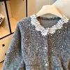 Cardigan Tweed com Miçangas Estilo Designer 2026 para Mulheres, Novo Casaco Suéter Elegante de Alta Qualidade Outono/Inverno