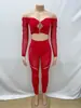 Traje Casual de Punto para Mujer 2025 Europeo y Americano, Color Sólido, Costuras, Hombro Descubierto, Manga Larga, Crop Top, Pantalones Ajustados, Sexy
