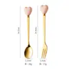 Tenedor y Cuchara de Acero Inoxidable con Mango de Cerámica en Forma de Corazón, Estilo Lindo para Postre, Fruta, Té de la Tarde para Niñas, Cucharita de Café