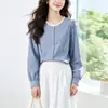 Camisa listrada azul vintage estilo francês para mulheres, coleção de outono 2026, gola redonda com renda, algodão puro, corte solto, adequada para o trabalho, tamanho pequeno