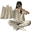 Pijama Popular Transfronterizo de Algodón Nube para Mujer Cárdigan Solapa Conjunto de Tres Piezas Pantalones Cortos Pantalones Largos Ropa de Casa Conjunto para Mujer