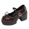 Zapatos de cuero para mujer de tacón alto con plataforma gruesa en color marrón, nueva colección primavera/otoño 2026, que aumentan la altura, estilo británico, con detalle de lazo, Mary Janes planos