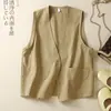 Nuevo Estilo Primavera/Verano 2026 Chaleco de Algodón Puro Holgado Color Sólido Chaleco de Capa Cuello en V para Mujer Chaqueta Pequeña Estilo Artístico