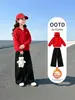 Conjunto de Moletom com Capuz Espesso e Pelúcia para Meninas Outono e Inverno Conjunto de Duas Peças Calça Larga Vermelha e Preta Para Crianças de Meia-Idade e Mais Velhas Estiloso Tendência