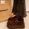 Sapatos de plataforma forrados com fleece com aumento de 7 cm de altura, sapatos femininos estilo Birkenstock, mocassins slip-on retrô outono/inverno 2025, sapatos de algodão para mulheres