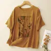 Camiseta Estampada de Algodón y Lino con Cuello Redondo para Mujer, Suéter Holgado y Adelgazante de Manga Corta, Camiseta Casual y Versátil, Nuevo Estilo Verano 2026