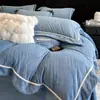 Novo conjunto de cama de quatro peças de veludo de leite espesso, quente e em relevo de alta qualidade, conjunto de três peças de lençol e capa de edredom de inverno de luxo leve