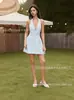 Vestido de Playa de Vacaciones Estilo Americano Transfronterizo Nueva Moda Chica Picante, Elegante y con Estilo Vestido Corto de Línea A con Rayas, Cuello Halter en V